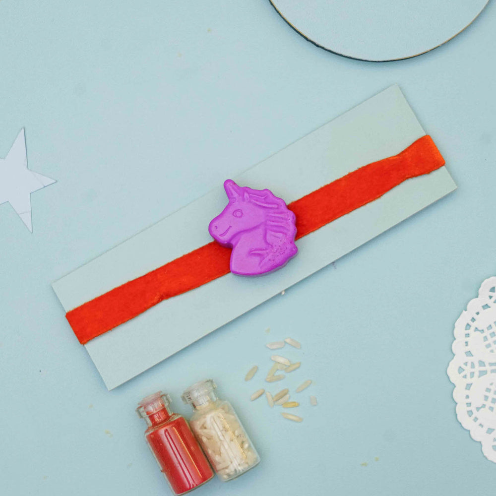 Handmade Unicorn Crayon Kids Rakhi With Roli Chawal - Unicorn Charm on Display Card