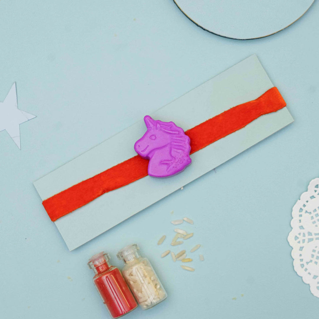 Handmade Unicorn Crayon Kids Rakhi With Roli Chawal - Unicorn Charm on Display Card