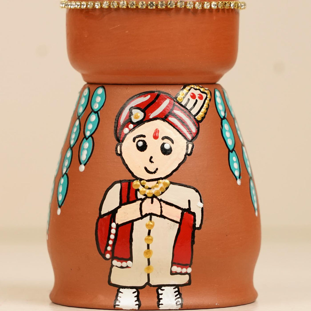 Gujrati Couple Handpainted Terracotta Tealight Holder