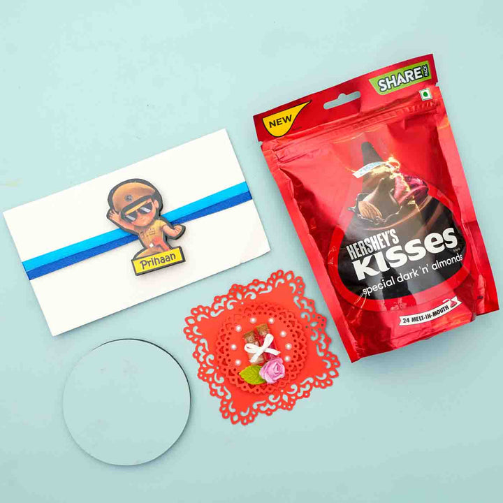 Personalized Reusable X Large Little Singam Mdf Wood Rakhi With Chocolates And Roli Chawal - Gift Set with Badge and Treats