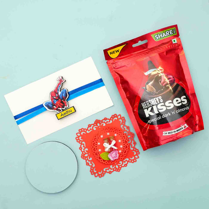 Personalized Reusable X Large Spiderman Name Mdf Wood Rakhi With Chocolates And Roli Chawal - Charm with gift envelope and candy pack