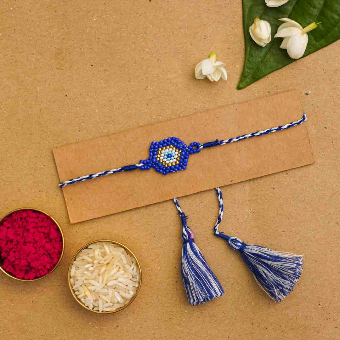 Handmade Beaded Protector Rakhi With Roli Chawal - Bracelet on Card with Accessories