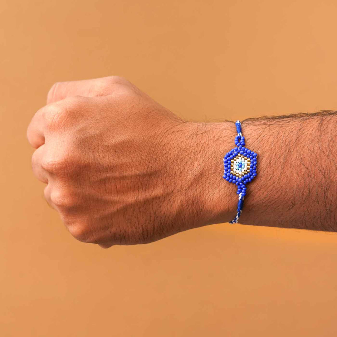 Handmade Beaded Protector Rakhi With Roli Chawal - Bracelet Worn on Wrist