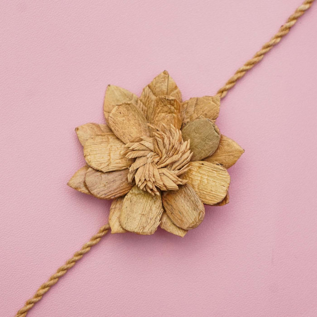 Handmade Ecofriendly Water Hyacinth Floral Rakhi With Roli Chawal - Close-up of Flower Design Bracelet