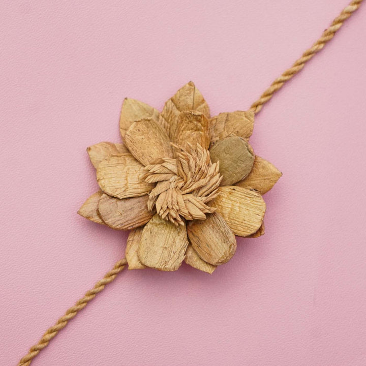 Handmade Ecofriendly Water Hyacinth Floral Rakhi With Roli Chawal - Close-up of Flower Design Bracelet