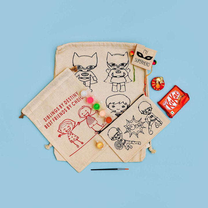Eco Friendly Fabric Painting Diy Rakhi Hamper With Rice Roli 5 - Flat Lay of All Items