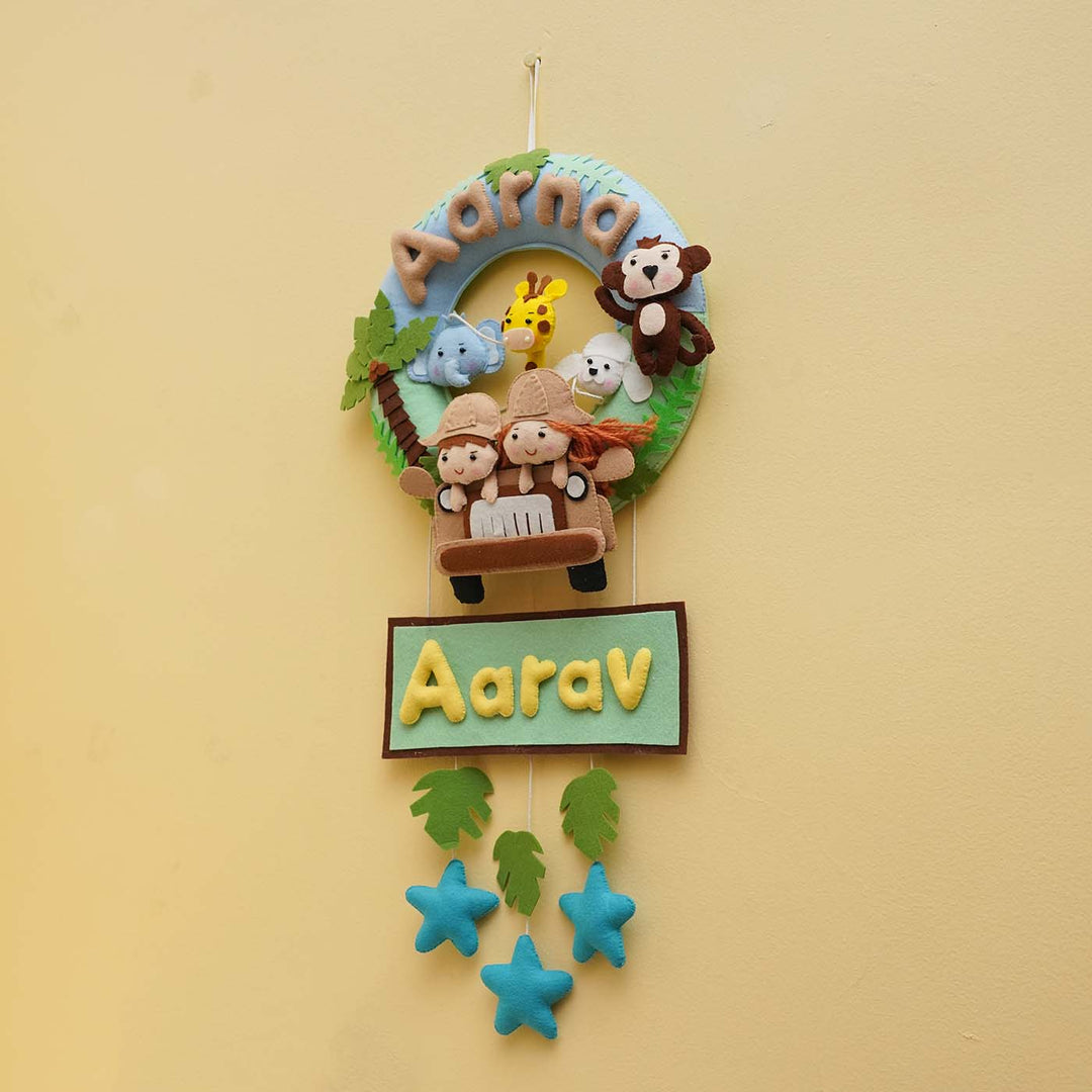 Personalized Jungle Safari Theme Round Felt Kids Nameplate For Siblings - Hanging with Name Personalization