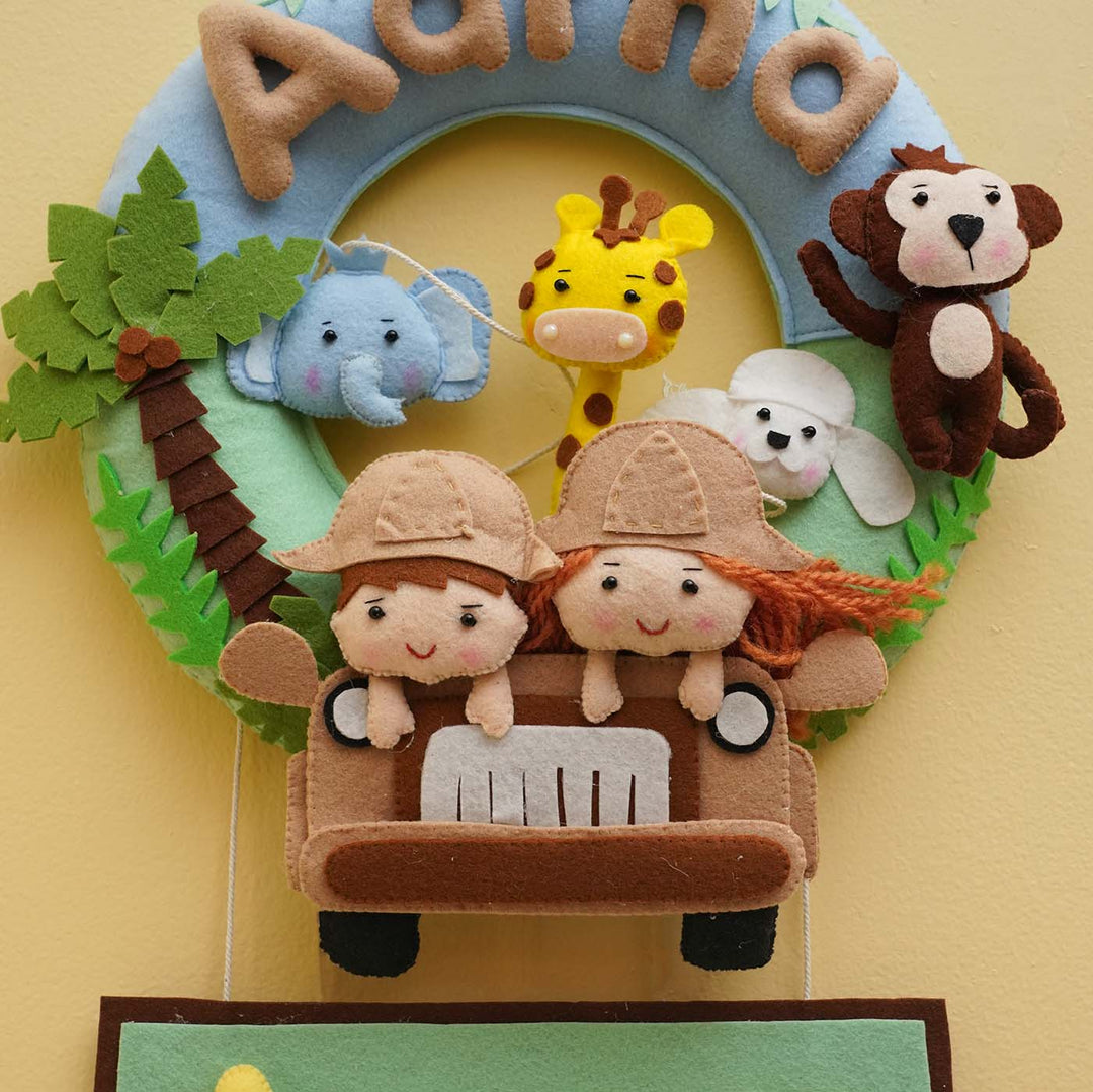 Personalized Jungle Safari Theme Round Felt Kids Nameplate For Siblings - Front View Hanging on Wall