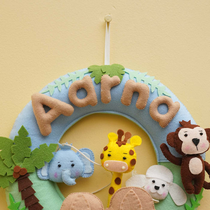Personalized Jungle Safari Theme Round Felt Kids Nameplate For Siblings - Hanging Front View with Name Personalization