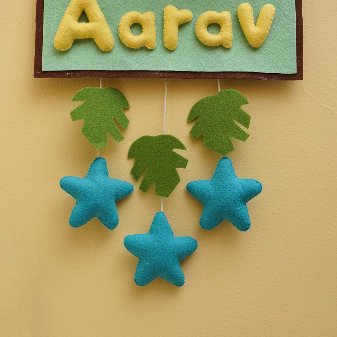 Personalized Jungle Safari Theme Round Felt Kids Nameplate For Siblings - Close-up of Hanging Felt Decorations