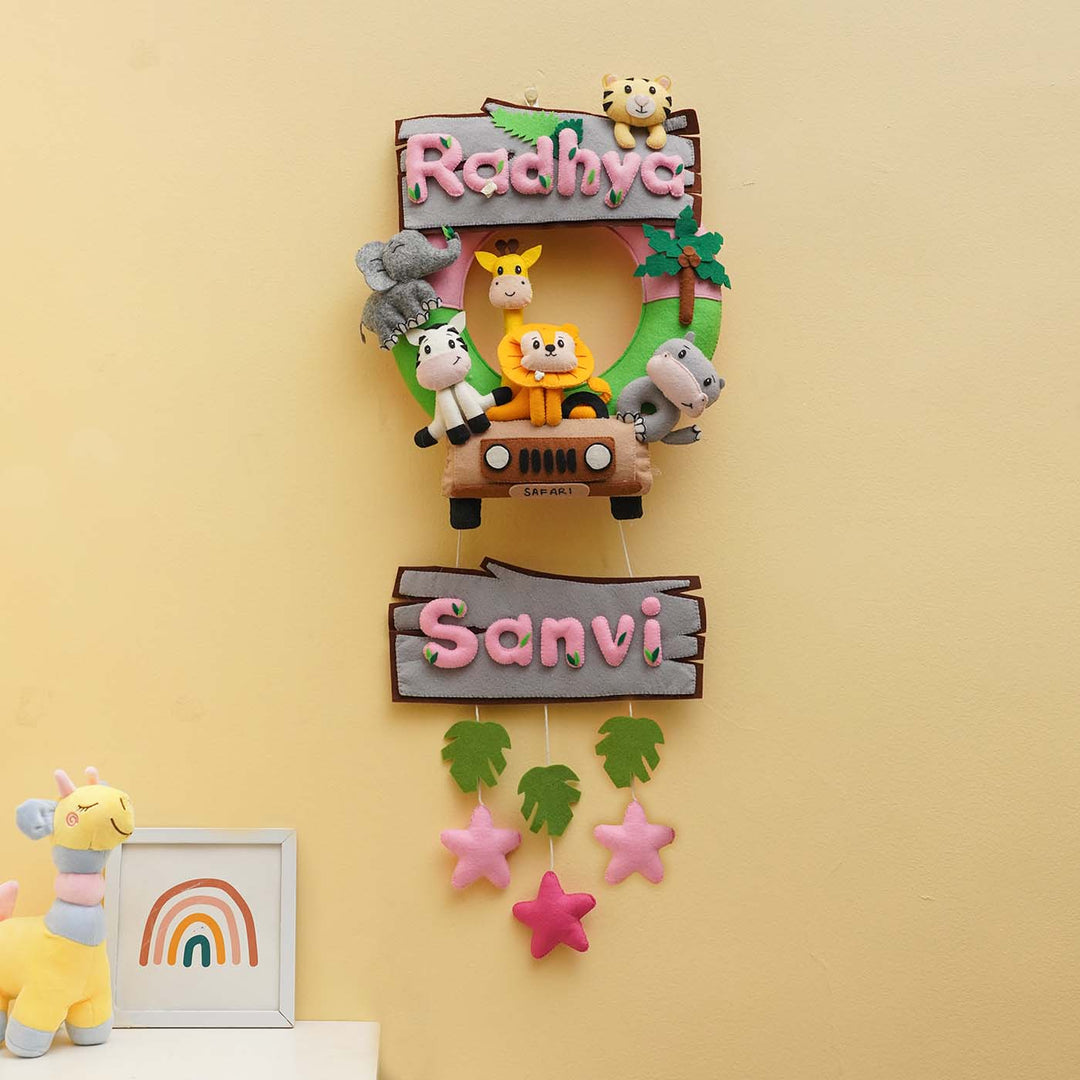 Personalized Jungle Safari Themed Round Felt Kids Nameplate Pink Copy - Front View Hanging Wall Decor