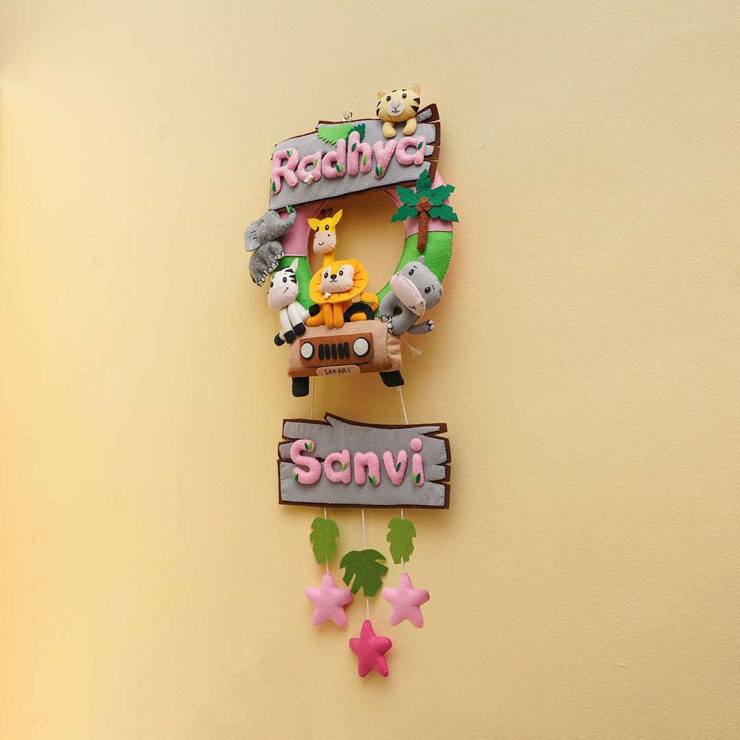 Personalized Jungle Safari Themed Round Felt Kids Nameplate Pink Copy - Hanging on Wall Display