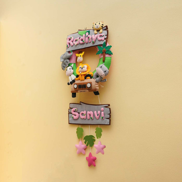 Personalized Jungle Safari Themed Round Felt Kids Nameplate Pink Copy - Hanging on Wall Display