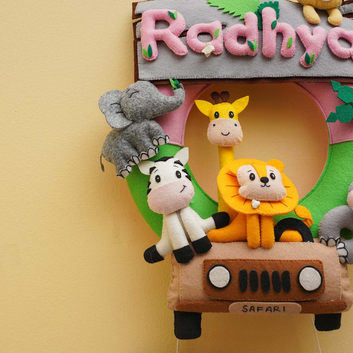 Personalized Jungle Safari Themed Round Felt Kids Nameplate Pink Copy - Close-up of Name Personalization
