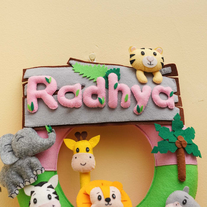Personalized Jungle Safari Themed Round Felt Kids Nameplate Pink Copy - Name Personalization Example Hanging View
