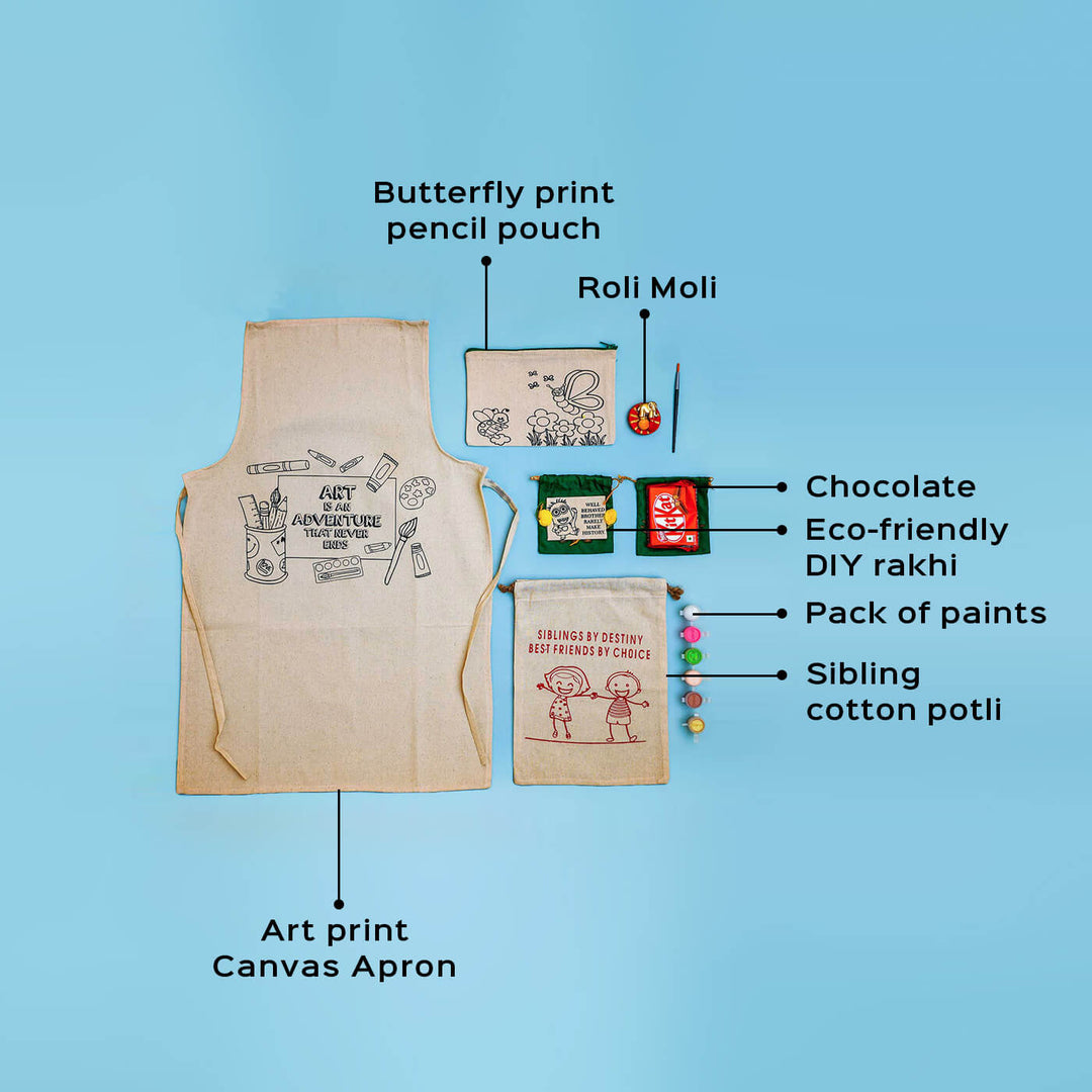 Eco Friendly Fabric Painting Diy Rakhi Hamper With Rice Roli 4 - Labeled Canvas Apron and Accessories Layout