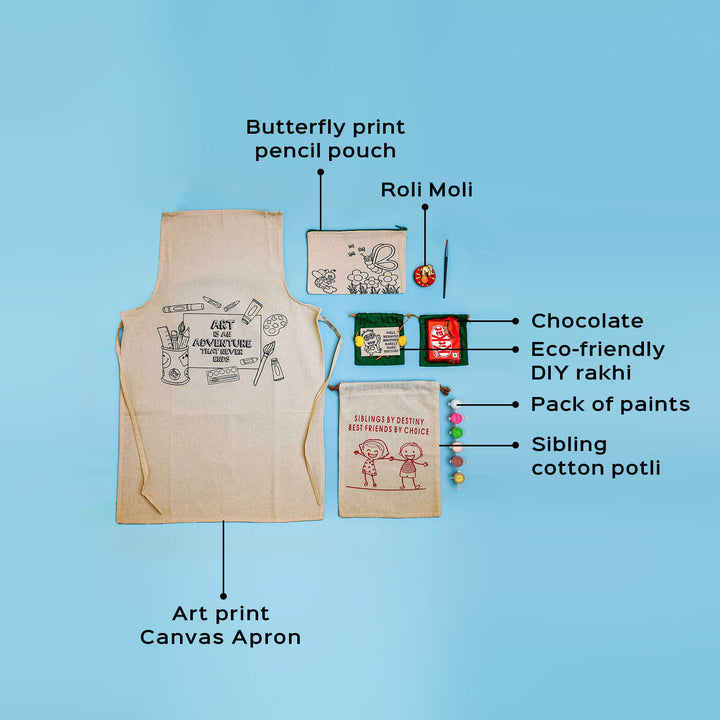 Eco Friendly Fabric Painting Diy Rakhi Hamper With Rice Roli 4 - Labeled Canvas Apron and Accessories Layout