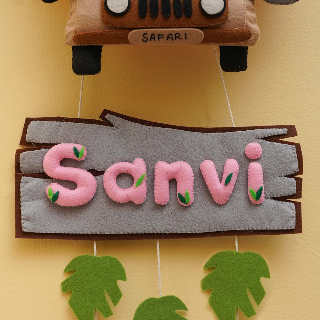 Personalized Jungle Safari Themed Round Felt Kids Nameplate Pink Copy - Hanging with Name Personalization