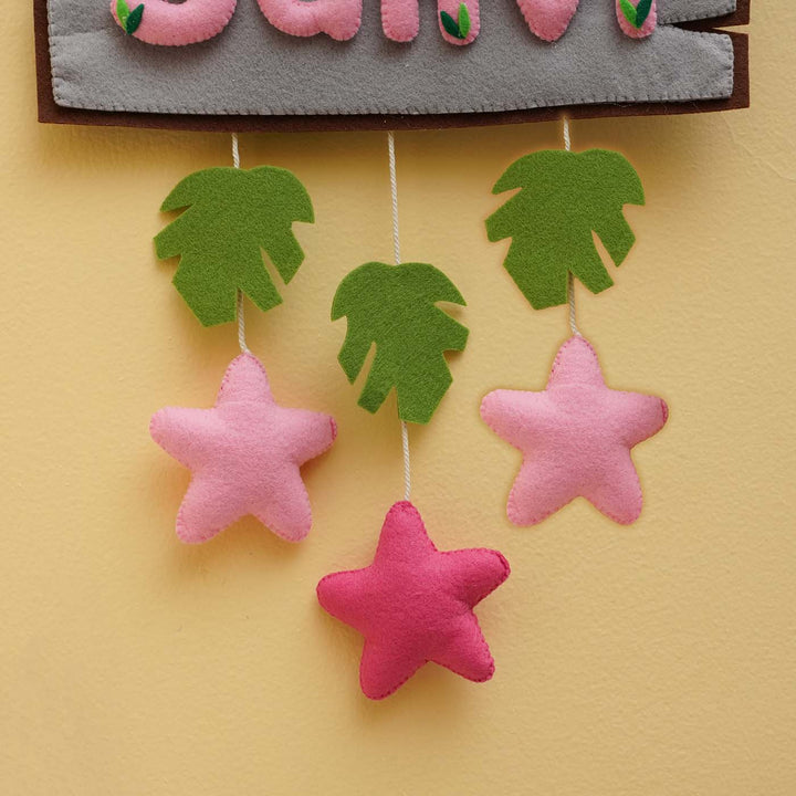 Personalized Jungle Safari Themed Round Felt Kids Nameplate Pink Copy - Close-up of Hanging Decorative Elements