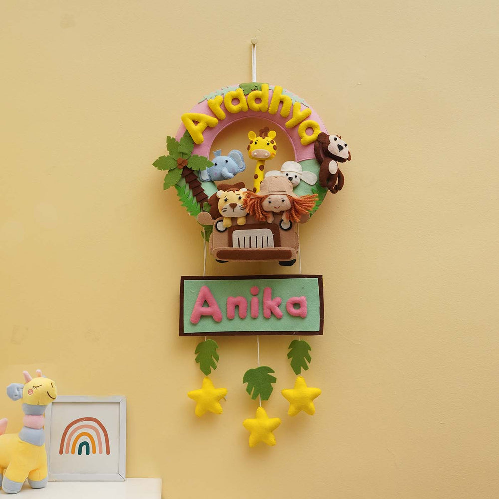 Personalized Jungle Safari Theme Round Felt Kids Nameplate Pink For Siblings - Hanging Name Personalization Example