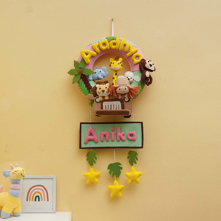 Personalized Jungle Safari Theme Round Felt Kids Nameplate Pink For Siblings - Hanging Name Personalization Example