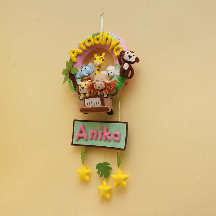 Personalized Jungle Safari Theme Round Felt Kids Nameplate Pink For Siblings - Hanging Wall Decoration with Name Personalization