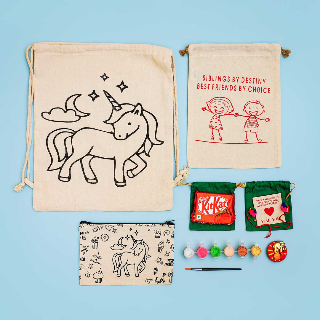 Eco Friendly Fabric Painting Diy Rakhi Hamper With Rice Roli 5 - Flat Lay with Unicorn Design