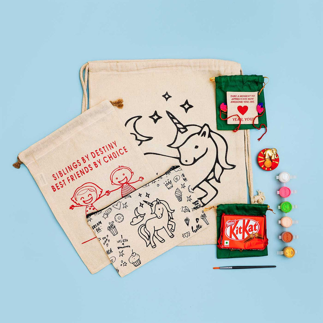 Eco Friendly Fabric Painting Diy Rakhi Hamper With Rice Roli 1 - Assembled Product Set Flat Lay