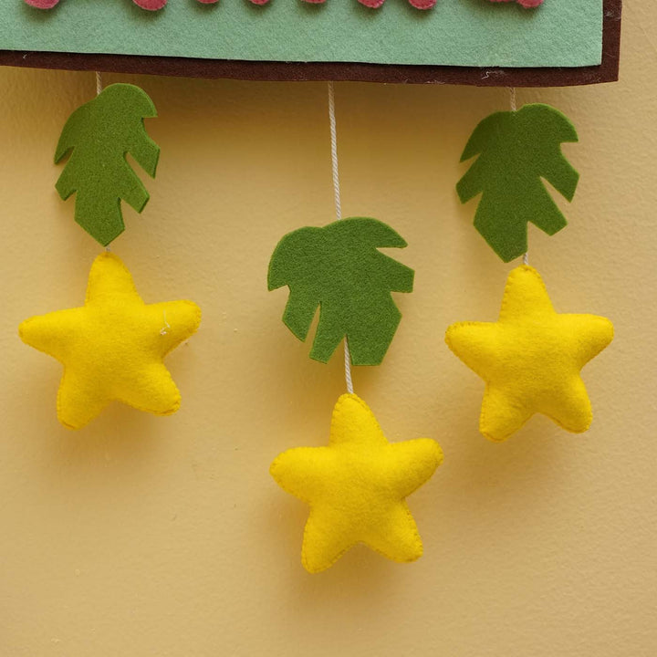 Personalized Jungle Safari Theme Round Felt Kids Nameplate Pink For Siblings - Close-up of Hanging Star and Leaf Mobile