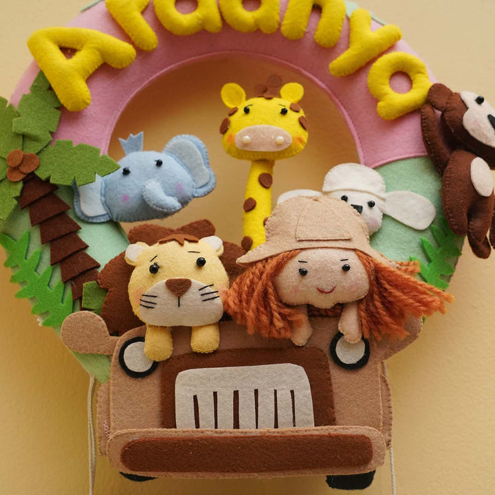 Personalized Jungle Safari Theme Round Felt Kids Nameplate Pink For Siblings - Close-up on Personalized Name Detail