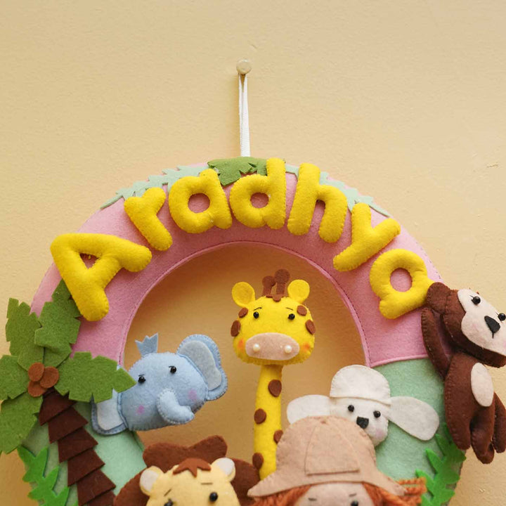 Personalized Jungle Safari Theme Round Felt Kids Nameplate Pink For Siblings - Front View Hanging with Personalized Name