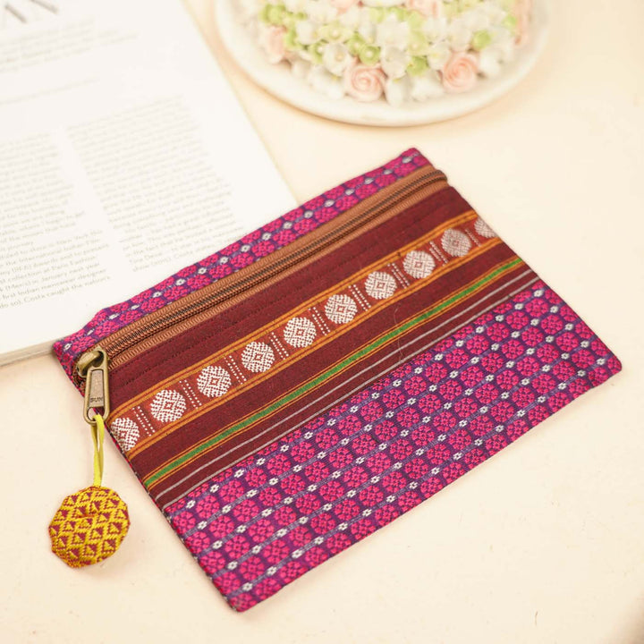 Assorted Cotton Khunn Purse With Floral Charm | Set Of 4