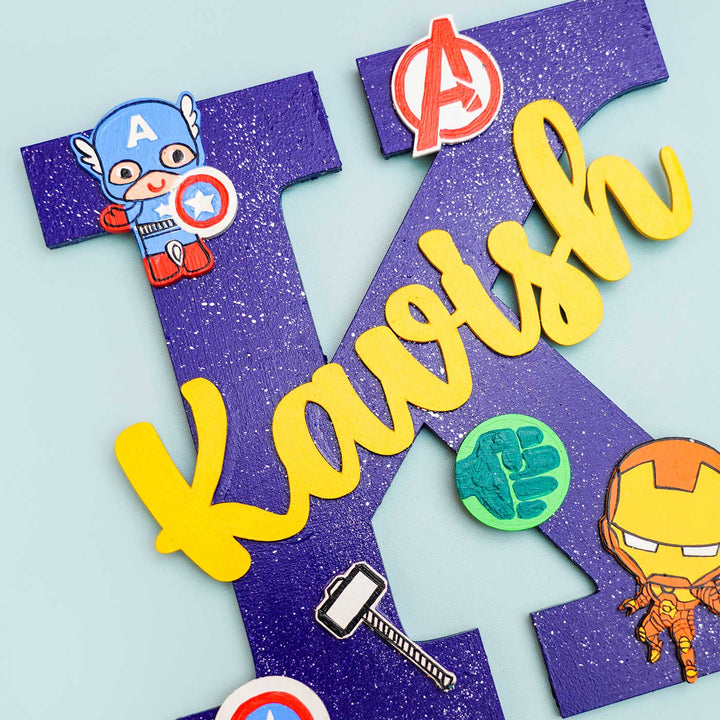 Hand Painted Personalised Kids Superhero Themed Monogram Name Plate - Close-up of Name Personalization Detail