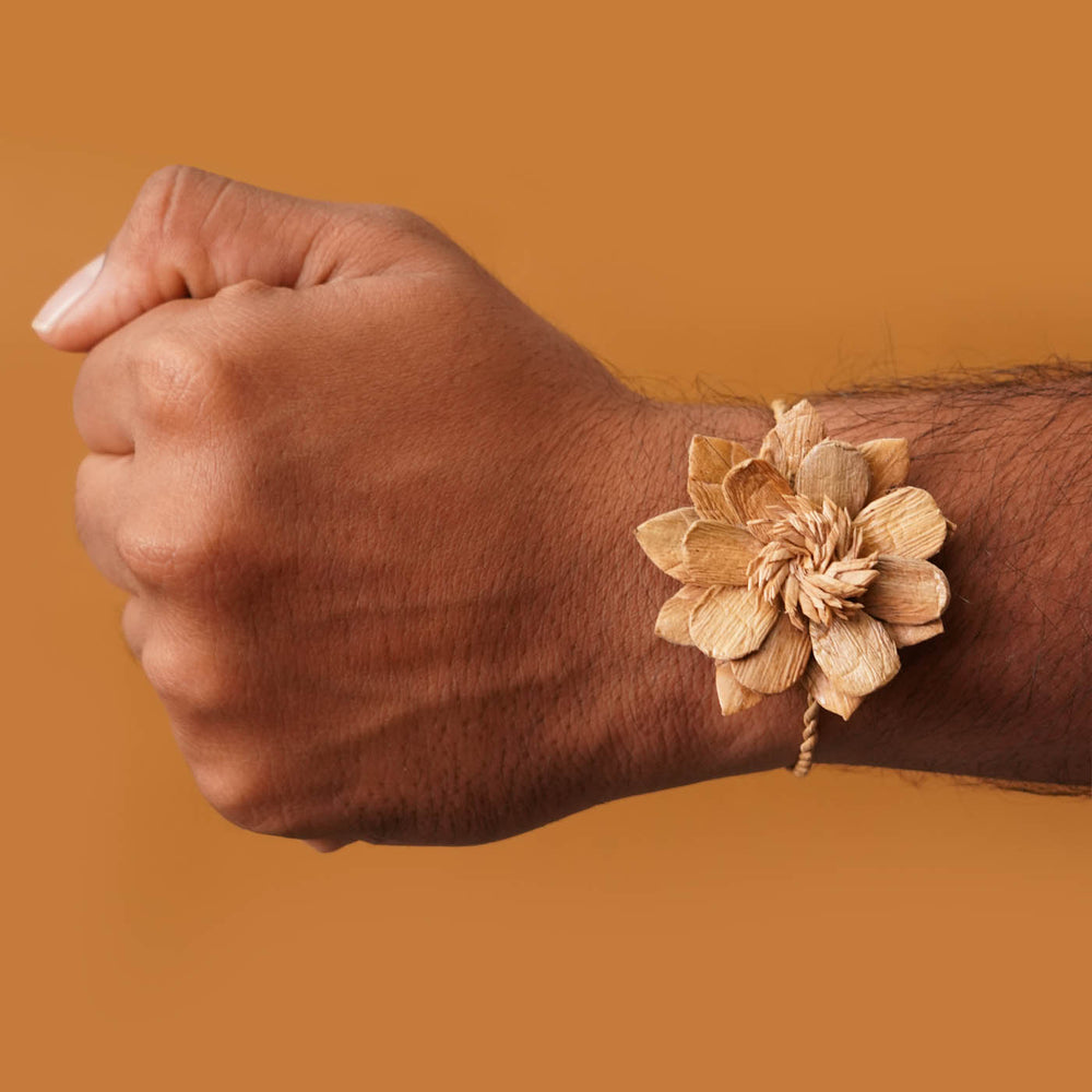 Handmade Ecofriendly Water Hyacinth Floral Rakhi With Roli Chawal - Bracelet Worn on Wrist