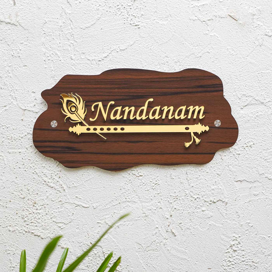 Personalized Weatherproof Golden Flute Acrylic Name Plate - Mounted on Wall Close-up View