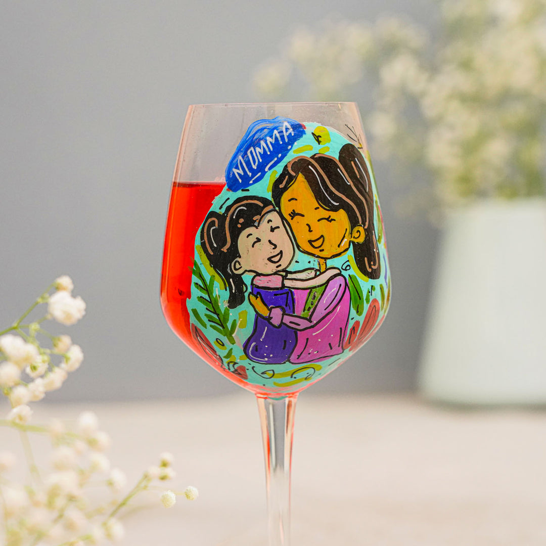 Personalized Cute Mom & Daughter Theme Wine Glass For Mothers