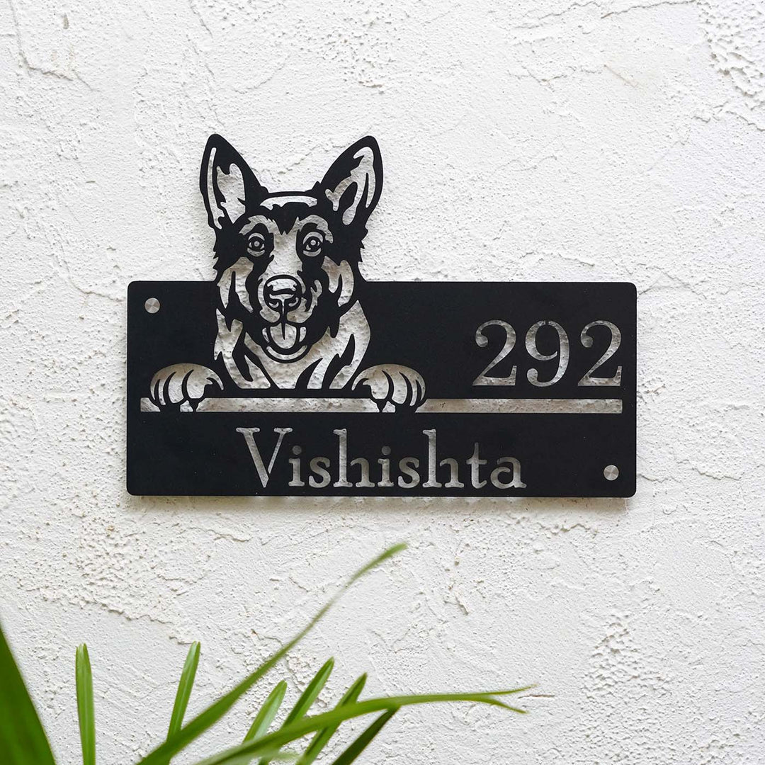 Personalized Weatherproof Artistic Dog Theme Metal Name Plate - Mounted on Textured Wall Close-up