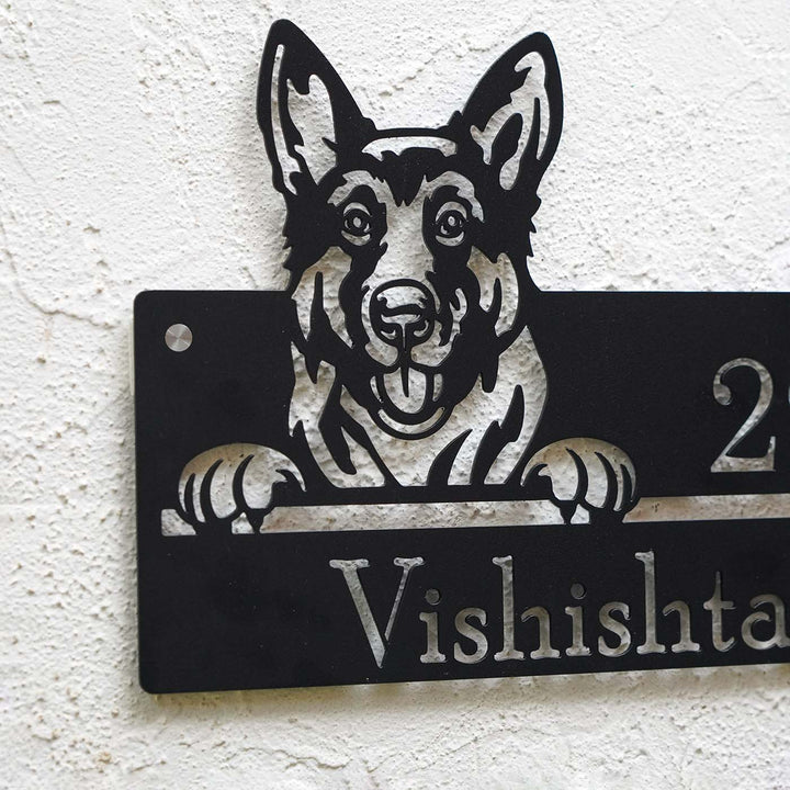 Personalized Weatherproof Artistic Dog Theme Metal Name Plate - Mounted on Wall Close-up View