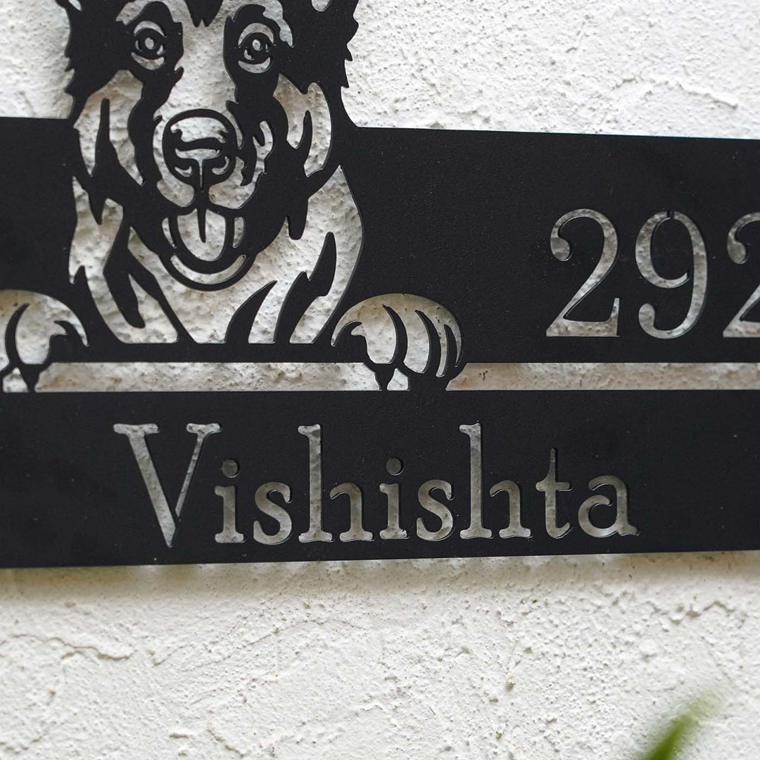 Personalized Weatherproof Artistic Dog Theme Metal Name Plate - Close-up Showing Name Engraving