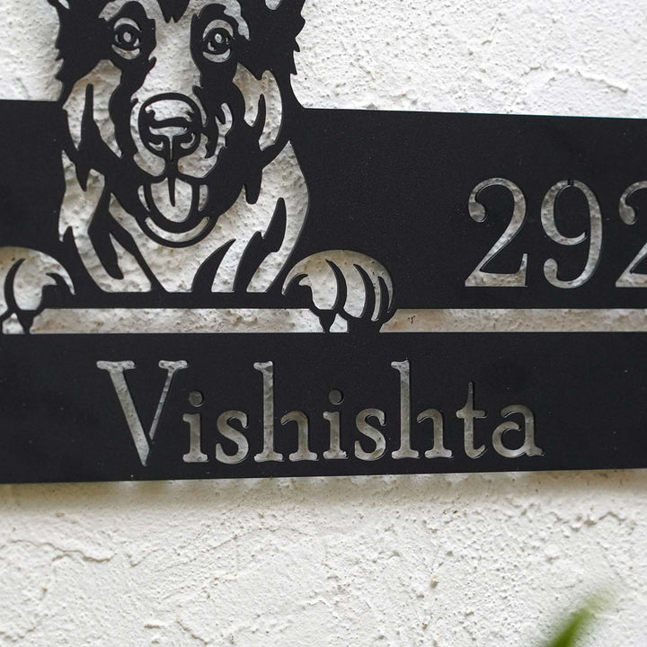 Personalized Weatherproof Artistic Dog Theme Metal Name Plate - Close-up Showing Name Engraving