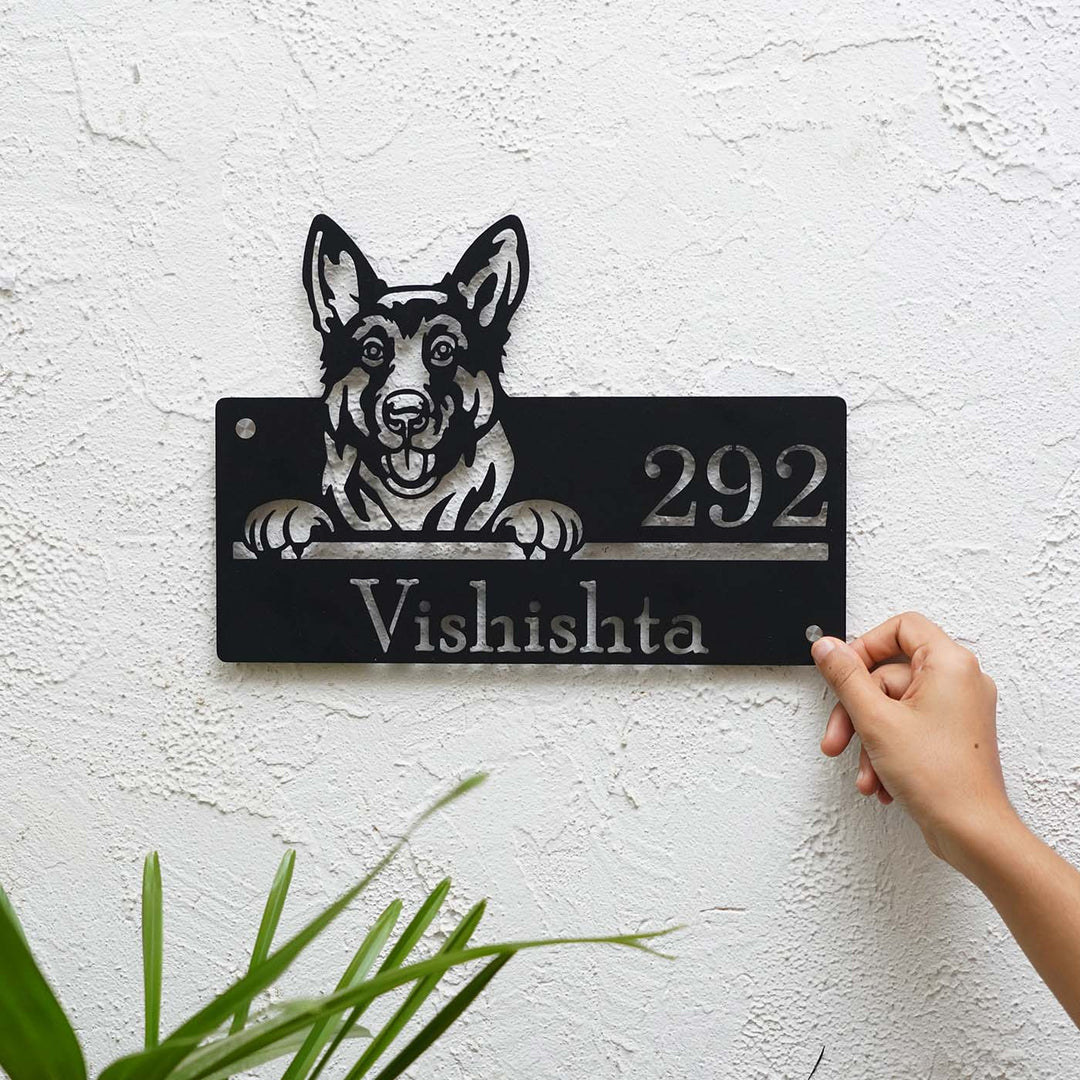 Personalized Weatherproof Artistic Dog Theme Metal Name Plate - Mounted on Wall with Hand Holding