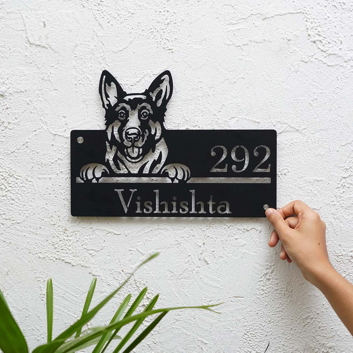 Personalized Weatherproof Artistic Dog Theme Metal Name Plate - Mounted on Wall with Hand Holding