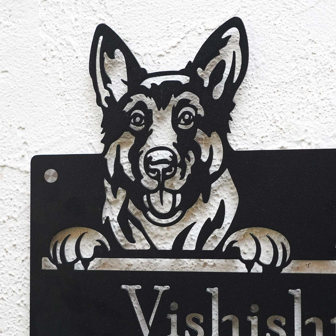 Personalized Weatherproof Artistic Dog Theme Metal Name Plate - Wall Mounted Close-Up