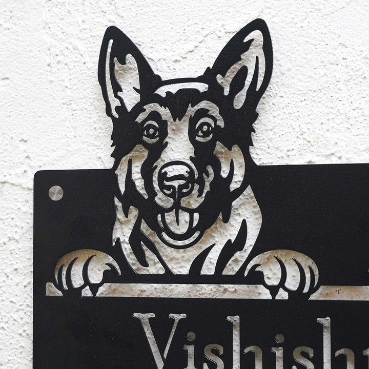 Personalized Weatherproof Artistic Dog Theme Metal Name Plate - Wall Mounted Close-Up