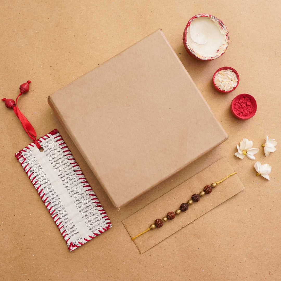 Handmade Ecofriendly Rudraksh Recycled Paper Rakhi With Roli Chawal - Complete gift set arrangement