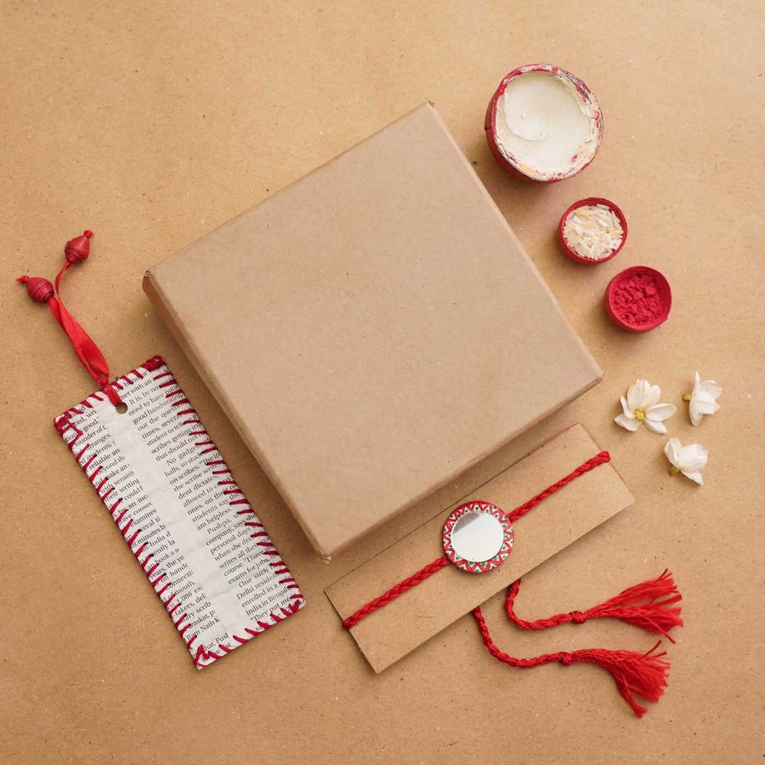Handmade Ecofriendly Full Moon Recycled Paper Rakhi With Roli Chawal - Complete gift set packaging view