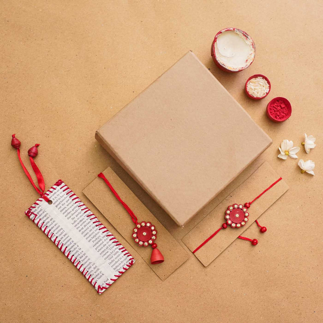 Handmade Ecofriendly Red Quilled Recycled Paper Bhaiya Bhabhi Rakhi With Roli Chawal - Rakhis with gift box and accessories