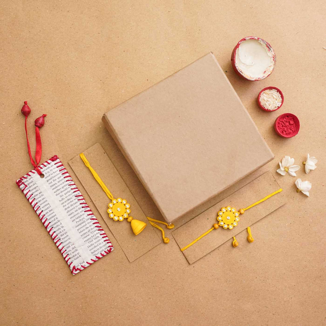 Handmade Ecofriendly Yellow Quilled Recycled Paper Bhaiya Bhabhi Rakhi With Roli Chawal - Full set with packaging