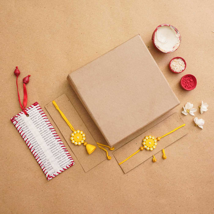 Handmade Ecofriendly Yellow Quilled Recycled Paper Bhaiya Bhabhi Rakhi With Roli Chawal - Full set with packaging
