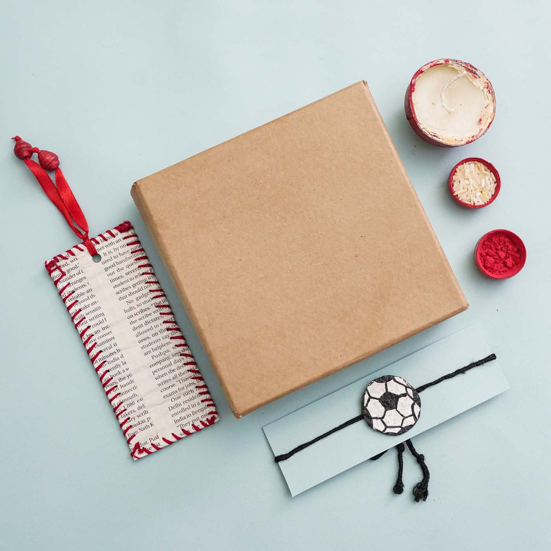 Handmade Ecofriendly Football Recycled Paper Rakhi With Roli Chawal - Complete gift set with box